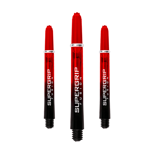 HR344_Harrows_Supergrip_Fusion_Shafts_Rot_47mm_1bmv0Cjn6JlYkO Das Bild zeigt drei Harrows Supergrip Fusion Shafts in der Farbe Rot. Die Schäfte sind teilweise transparent und verlaufen von Rot zu Schwarz mit weißer Aufschrift.