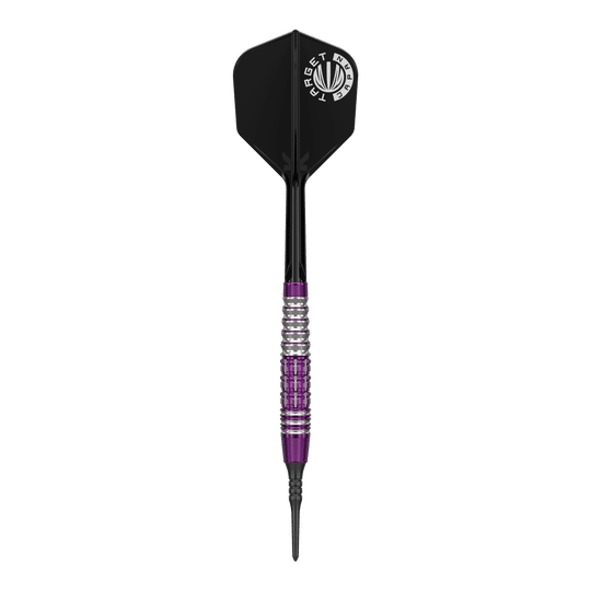 Das Bild zeigt einen Softdart aus der Serie 'Target Japan Prime Series Tung Suk Zenith GEN1' mit einem Gewicht von 19g. Der Dart hat eine schwarz-violette Optik mit silbernen Akzenten am Griff.