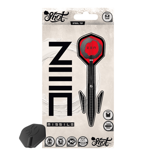Shot ZEN Missile Turbo Point stalen pijltjes - 23 g Das Bild präsentiert die Shot ZEN Missile Turbo Point Steeldarts - 23g. Diese sind besonders präzise und griffig gestaltet.