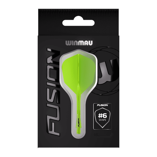 Auf dem Bild ist eine Packung Winmau Fusion Flight Shaft System in Neon-Gelb zu sehen. In der Mitte der Verpackung befindet sich ein Flightsystem in Form #6.