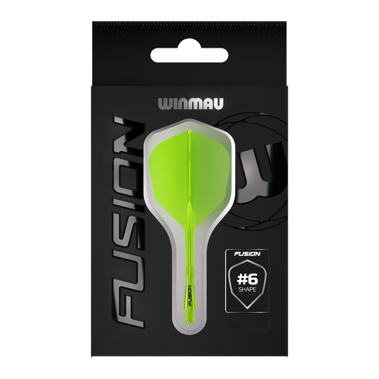 Winmau Fusion Flight Shaft System No6 Neon Geel Auf dem Bild ist eine Packung Winmau Fusion Flight Shaft System in Neon-Gelb zu sehen. In der Mitte der Verpackung befindet sich ein Flightsystem in Form #6.