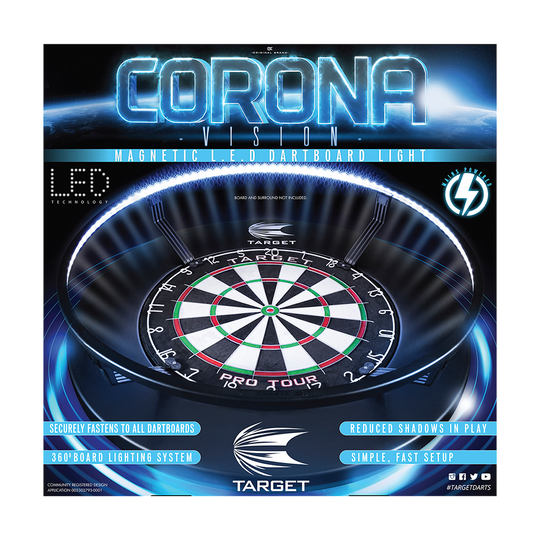 Target CORONA Vision LED-dartbordverlichtingssysteem Das Bild zeigt das Produkt „Target CORONA Vision LED Dartboard Lighting System“, das einen Dartboard-Beleuchtungsring darstellt. Es hebt die LED-Technologie und eine gleichmäßige Ausleuchtung für weniger Schatten beim Dartspielen hervor.