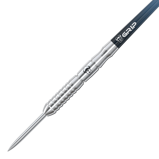 Bulls Stone S3 Steeldarts Auf dem Bild ist ein silberner Steeldart mit dem Namen "Bulls Stone S3 Steeldarts" zu sehen. Der Dart hat ein markantes Rillen-Design und einen spitzen Metallkopf.