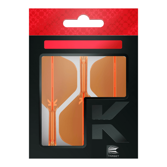 Target K-Flex No2 Standaard Vluchtsysteem - Neon Oranje Die Abbildung zeigt eine Packung mit orangenen Dart-Flights der Marke Target. Die Verpackung ist überwiegend schwarz mit einem roten oberen Abschnitt.