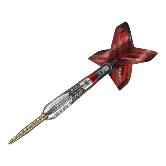 Target Stephen Bunting GEN5 Swiss Point Steel Darts Das Bild zeigt einen Target Stephen Bunting GEN5 Swiss Point Steeldart. Der Dartpfeil hat ein auffälliges Design mit silbernem Schaft, goldener Spitze und roten Flights.
