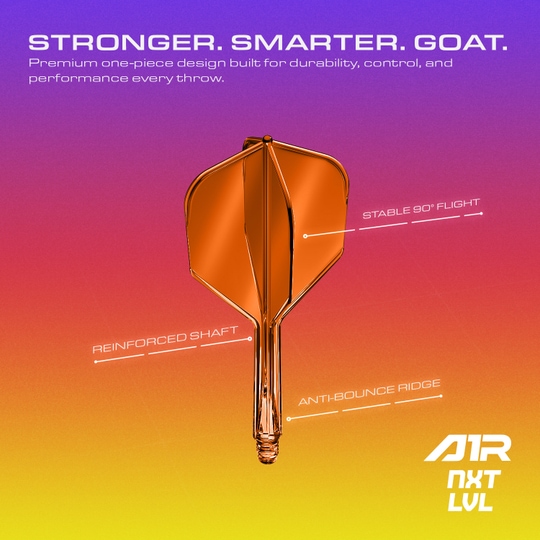 GOAT A1R No6 Flight Shaft System - Neon Oranje Das GOAT A1R No6 Flight-Shaft-System in Neon Orange ist auf diesem Bild abgebildet. Die farbenfrohe Gestaltung macht es besonders ansprechend für Dartspieler.