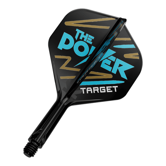 Das Bild zeigt einen schwarzen Dartflight mit der Aufschrift "THE POWER" in blauer Farbe. Darunter steht das Wort "TARGET" in weißer Schrift.