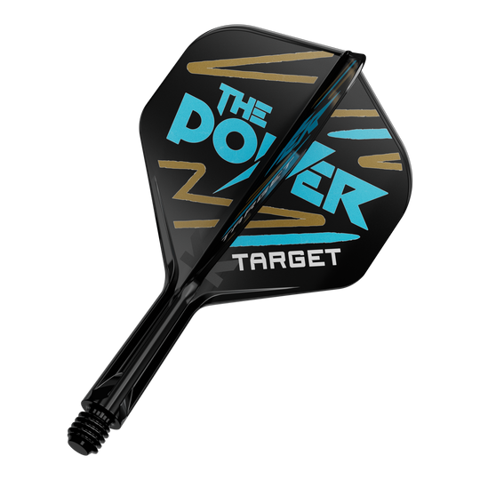 Target K-Flex Phil Taylor No2 Standaard Vluchtas Systeem Das Bild zeigt einen schwarzen Dartflight mit der Aufschrift "THE POWER" in blauer Farbe. Darunter steht das Wort "TARGET" in weißer Schrift.