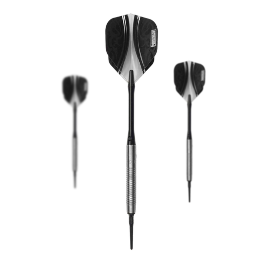 McDart 85 Tungsten V21 zachte dartpijlen - 18,5 g Das Bild zeigt drei Softdarts des Produkts "McDart 85er Tungsten V21 Softdarts - 18,5g". Die Darts haben silberne Barrels und schwarze Flights.