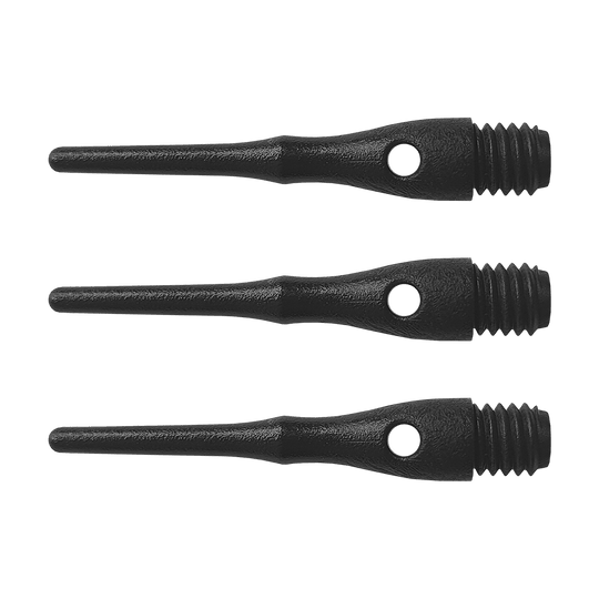 897_Premium_Home_Points_100erPack_1 Das Bild zeigt drei schwarze Premium Home Points mit Schraubgewinde. Sie sind in einer Reihe angeordnet und dienen als Ersatzspitzen für Softdarts.