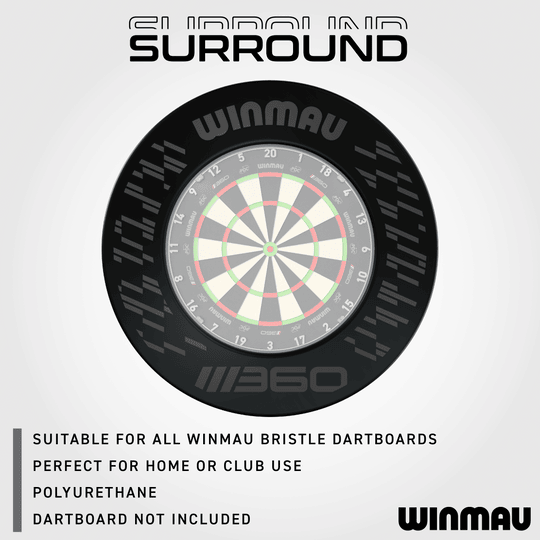 Das Bild zeigt das Winmau Blade 360 Dartboard Surround in Schwarz. Es ist eine praktische Ergänzung zum Schutz der Wände beim Dartspielen.