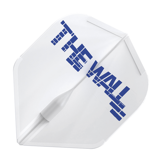 Das Bild zeigt ein weißes Dart-Flight mit der Aufschrift "THE WALL" in blauen Buchstaben. Es handelt sich um das Produkt "L-Style Martin Schindler Weiß L1EZ Flights".