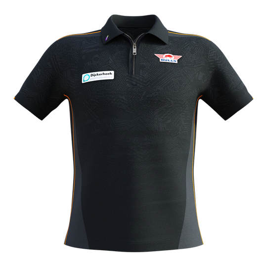 Das Bild zeigt ein schwarzes Matchshirt mit kurzen Ärmeln und orangefarbenen Akzenten. Auf der Brust sind das Bulls NL Logo und ein Sponsorenaufnäher zu sehen.