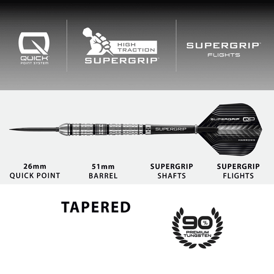 Harrows Supergrip Tapered Quick Point stalen dartpijlen Abgebildet sind die Harrows Supergrip QP Tapered Quick Point Steeldarts. Sie eignen sich ideal für ein präzises Dartspiel.