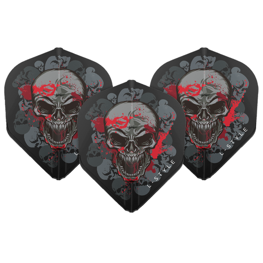Das Bild zeigt drei schwarze Dartflights mit einem auffälligen Totenkopf-Design und roten Farbspritzern. Auf jedem Flight steht am Rand der Schriftzug "L-Style".