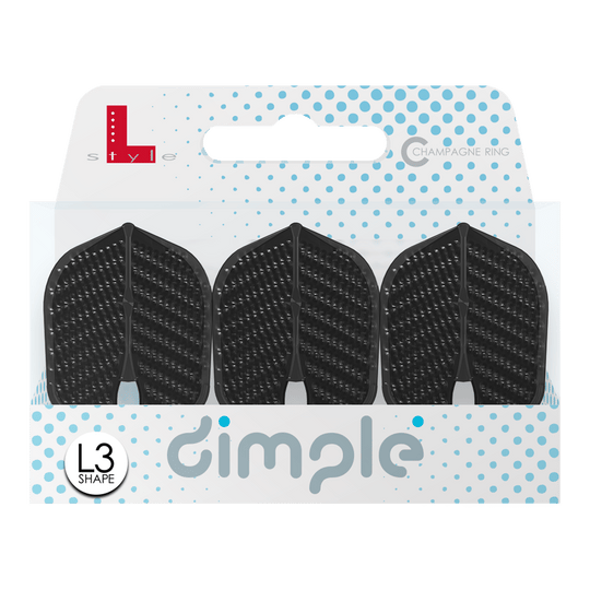 Das Bild zeigt eine Packung mit drei schwarzen L-Style Flights Dimple im L3PRO Shape. Die Verpackung ist weiß mit blauen Punkten und der Aufschrift „dimple“.