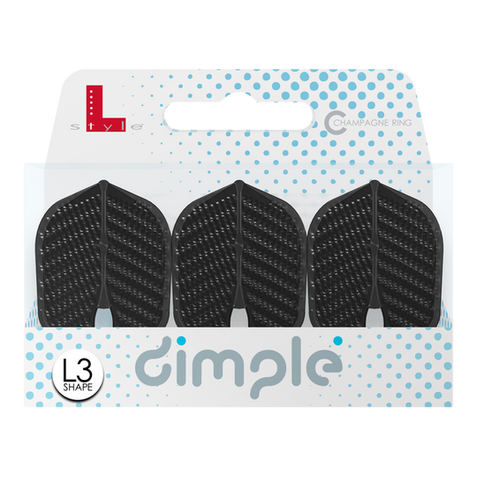 L-Style Flights Dimple Champagne L3PRO Shape Das Bild zeigt eine Packung mit drei schwarzen L-Style Flights Dimple im L3PRO Shape. Die Verpackung ist weiß mit blauen Punkten und der Aufschrift „dimple“.
