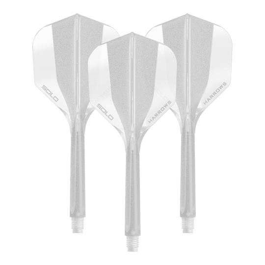 Harrows Solo No6 Flight Shaft System - Clear Ein transparentes Dart Flight Shaft System der Marke Harrows, Größe 35mm. Das Bild zeigt ein Set des No6 Solo Flight Shaft Systems in klarer Ausführung.