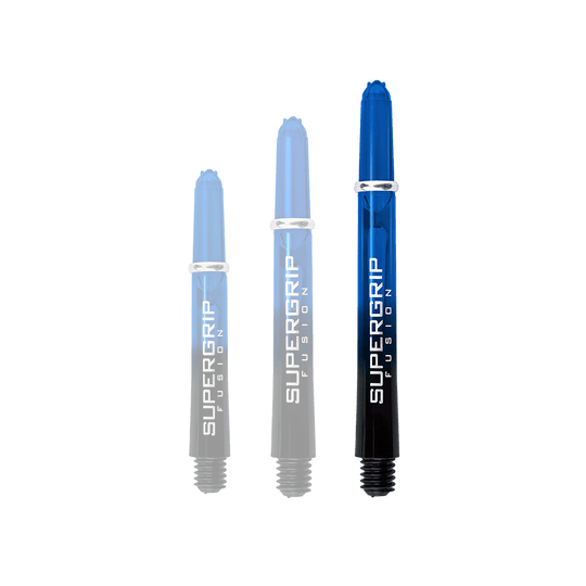 HR338_Harrows_Supergrip_Fusion_Shafts_Blau_47mm_1IBl6PTvnWC7Yv Das Bild zeigt drei blaue Harrows Supergrip Fusion Shafts in unterschiedlichen Längen. Die Schäfte sind für Dartpfeile geeignet und tragen den Schriftzug "SUPERGRIP FUSION".