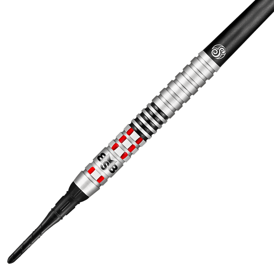 Shot Michael Smith bereikt zachte darts Das Bild zeigt einen Shot Michael Smith Achieve Softdart. Der Dartpfeil ist silberfarben mit roten und schwarzen Akzenten und hat eine strukturierte Griffzone.