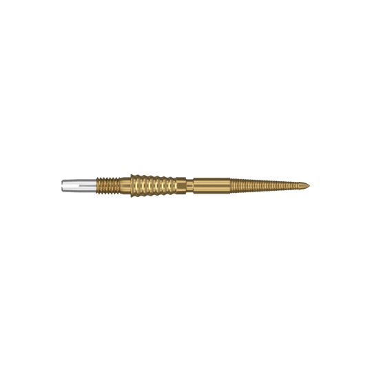 Target Swiss Storm LNC darttips - goud Das Bild zeigt eine goldfarbene Dartspitze mit feinen Rillen und Gewinden. Sie ist lang und schlank, mit einem silbernen Anschluss am hinteren Ende.