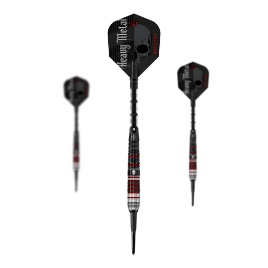 Das Bild zeigt drei Softdarts der Serie "Harrows Ryan Searle Heavy Metal Series 2". Die Darts haben ein schwarzes Design mit roten und silbernen Akzenten sowie einen Schädel auf dem Schaft.
