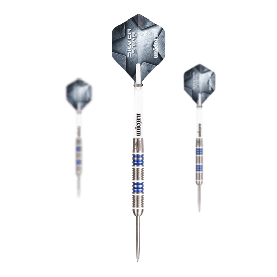 Unicorn Silver Star Var.4 Gary Anderson stalen dartpijlen Abgebildet ist ein Set Unicorn Silver Star Var.4 Gary Anderson Steeldarts. Das Set besteht aus mehreren silbernen Darts mit Flights.