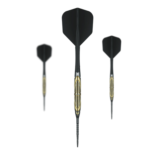 Caliburn Halo H2 stalen dartpijlen - 22,5 g Auf dem Foto sind die Caliburn Halo H2 Steeldarts - 22,5g als komplettes Set zu sehen. Die Steeldarts liegen nebeneinander angeordnet.