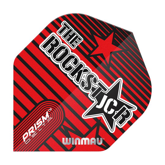 6915-227_Winmau_Prism_Delta_Joe_Cullen_Rockstar_Standard_Flights_11KrQ2Y5MWWq6E Das Bild zeigt ein Dartflight mit einem roten und schwarzen Streifendesign. Darauf stehen die Wörter "THE ROCKSTAR", "PRISM DELTA" und "WINMAU".