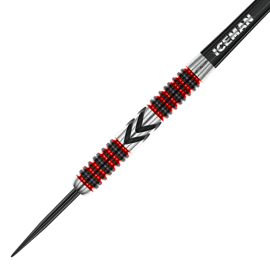 RD2567_Red_Dragon_Gerwyn_Price_Firebird_Steeldarts_2 Dies ist ein Steeldart mit silberner, schwarzer und roter Verzierung. Auf dem Schaft steht das Wort "ICEMAN".