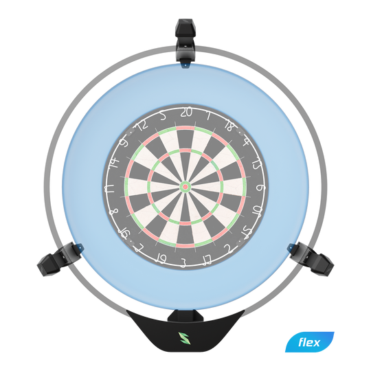 Das Bild zeigt das Produkt "Scolia Home 2 FLEX - Electronic Score System". Es handelt sich um ein elektronisches Punktesystem für eine Dartscheibe, das von einem runden Rahmen mit blauer Beleuchtung umgeben ist.