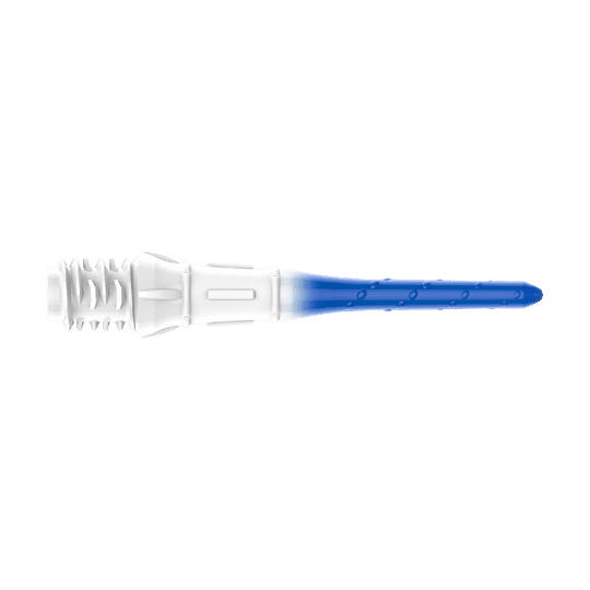 Das Bild zeigt eine Dartspitze mit einem Farbverlauf von Weiß zu Blau. Die Spitze hat kleine Einkerbungen entlang des blauen Teils.