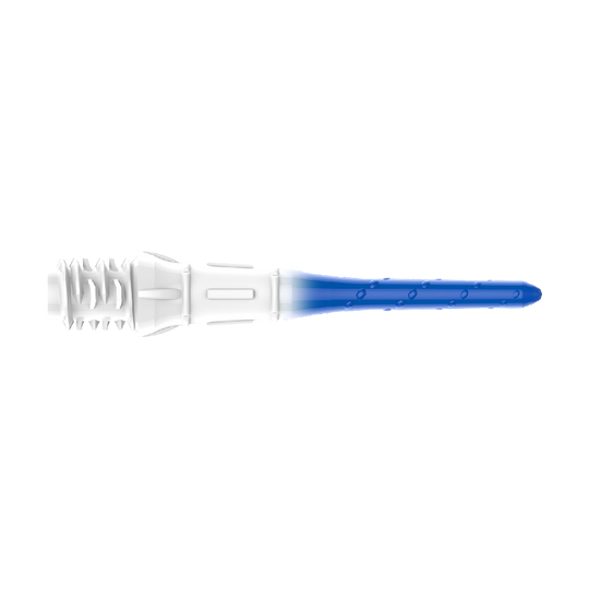 L-Style Premium Lippoint Gradiation Dart Tips (verpakking van 30) Das Bild zeigt eine Dartspitze mit einem Farbverlauf von Weiß zu Blau. Die Spitze hat kleine Einkerbungen entlang des blauen Teils.