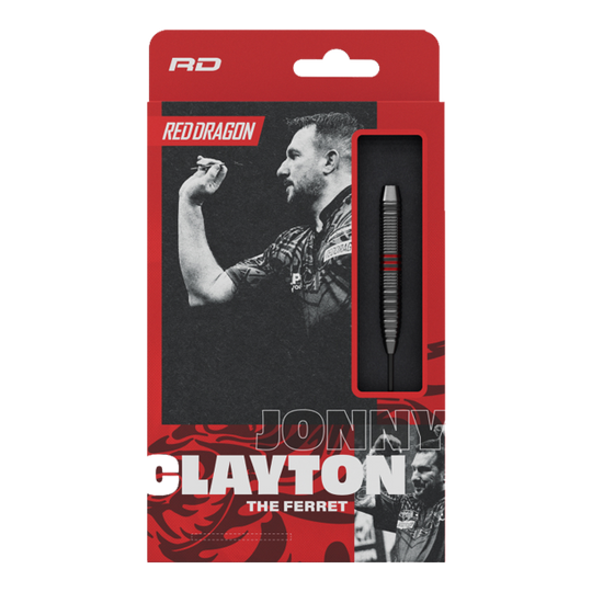 Red Dragon Jonny Clayton Core Brass Steeldarts - 21 g Zu sehen sind die Red Dragon Jonny Clayton Core Brass Steeldarts mit einem Gewicht von 21g. Die Darts haben einen silbernen und goldenen Schaft mit roten und schwarzen Flights.