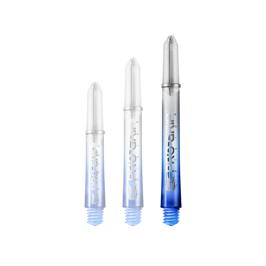 Target Pro Grip Vision Shafts - 3 sets - Blauw Das Bild zeigt drei unterschiedlich lange Dartshafts der Marke "Pro Grip" in Blau. Sie sind unten blau und werden nach oben hin durchsichtig.