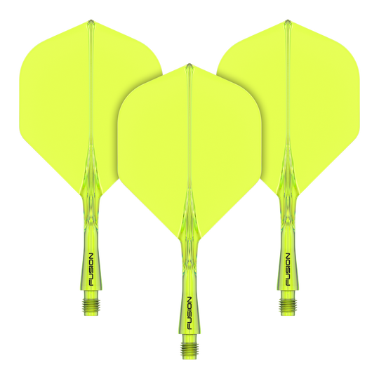 Winmau Fusion Flight Shaft System Standaard Geel Das Bild zeigt drei gelbe Dartflights mit Schaftsystem. Auf den Schäften steht das Wort "FUSION" geschrieben.
