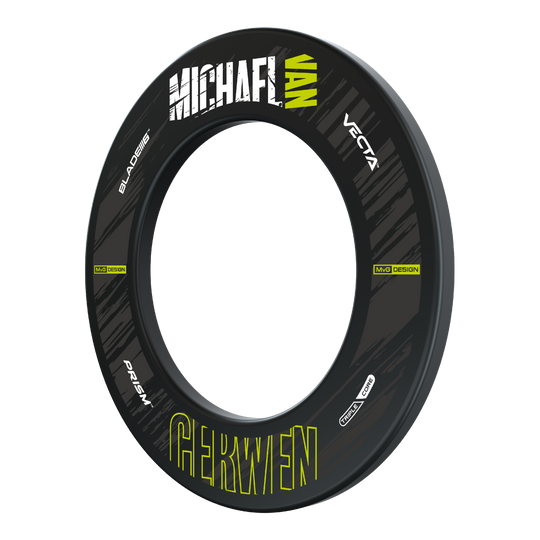 Das Bild zeigt den "Winmau MvG Retro Design Dartboard Surround", einen runden Dartboard-Schutzring. Er ist überwiegend schwarz mit weißen und neon-gelben Schriftzügen, darunter "Michael van Gerwen" und verschiedene Markennamen.