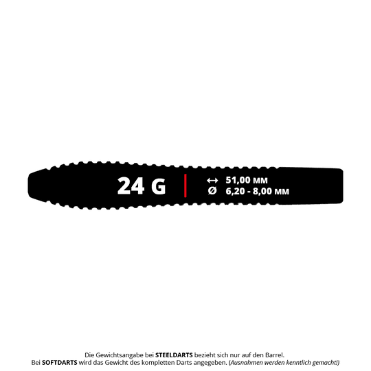 Dieses Bild zeigt die McDart Black Ring Teardrop Steeldart-Barrels in 24g-Ausführung. Die Barrels haben eine tropfenförmige Struktur für präzises Dartspiel.