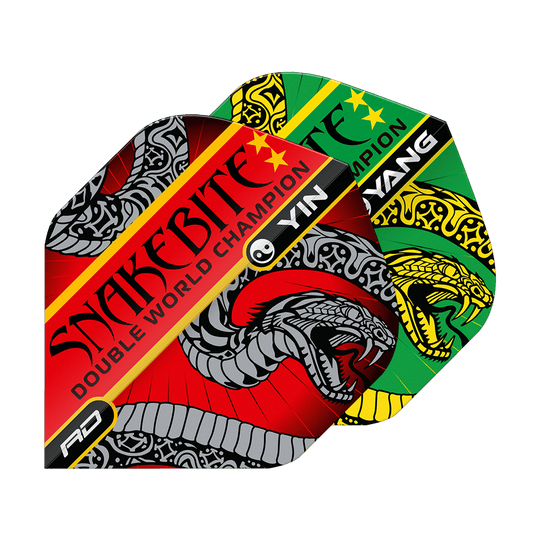 Red Dragon Peter Wright Slangenbeet Rood Groen Yin Yang Standaardvluchten Auf dem Bild sind zwei bunte Dart-Flights mit Schlangenmotiven zu sehen. Die Flights tragen die Aufschrift "Snakebite Double World Champion" und haben die Farben Rot und Grün.