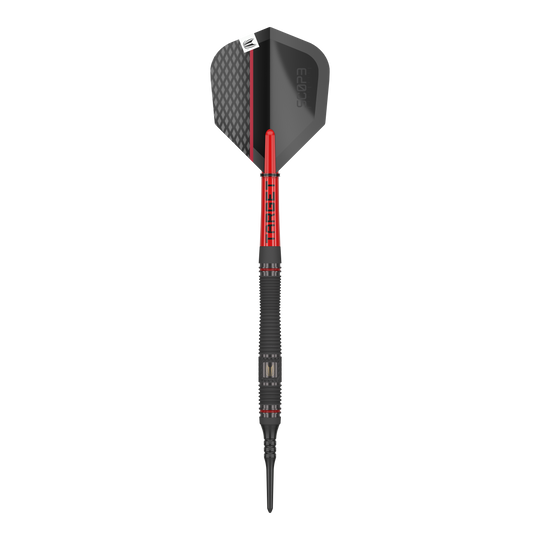 Target Scope 11 Zachte Darts Das Bild zeigt einen Softdart namens "Target Scope 11 Softdarts". Der Dart ist schwarz und rot mit einem modernen Design und einer strukturierten Oberfläche.