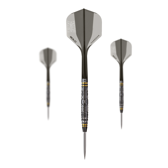 Harrows NX Luxe Tapered Quick Point Steeldarts Ein Set aus Steeldartpfeilen in schlanker Ausführung liegt auf weißem Hintergrund. Die Pfeile sind gleichmäßig angeordnet.