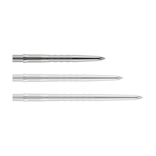 Mission Caliburn EVO dartpunten - gegroefd - zilver Das Bild zeigt drei silberne, gerillte Spitzen für Steeldarts in unterschiedlichen Längen. Sie sind nebeneinander auf einem weißen Hintergrund angeordnet.