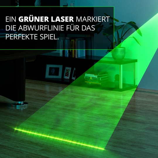 Target MOD Laser Oak Das Bild zeigt den Target MOD Laser Oche, der eine grüne Laserlinie auf den Boden projiziert. Der Laser markiert die Abwurflinie für das perfekte Dartspiel.