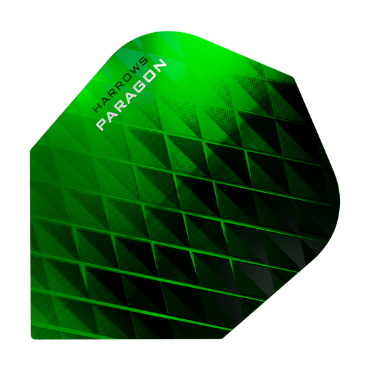HR7600_Harrows_Paragon_Green_No2_Standard_Flights_1 Dies ist ein Harrows Paragon Green No2 Standard Flight. Er hat ein grünes, geometrisches Muster mit schwarzem Akzent.