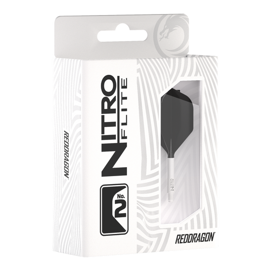 Red Dragon Nitroflite - Witte Schacht Zwarte No2 Vluchten Die Abbildung zeigt die Produktverpackung des "Red Dragon Nitroflite" mit weißen Schäften und schwarzen No2 Flights. Die Packung ist überwiegend weiß gestaltet und hat ein Sichtfenster, durch das das Dart-Zubehör zu sehen ist.