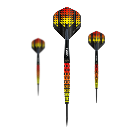 Winmau Firestorm Flame Tapered Steeldarts Die Abbildung zeigt die Winmau Firestorm Flame Tapered Steeldarts. Die Darts haben ein auffälliges Design in den Farben Gelb, Rot und Schwarz mit einem modernen, geometrischen Muster.