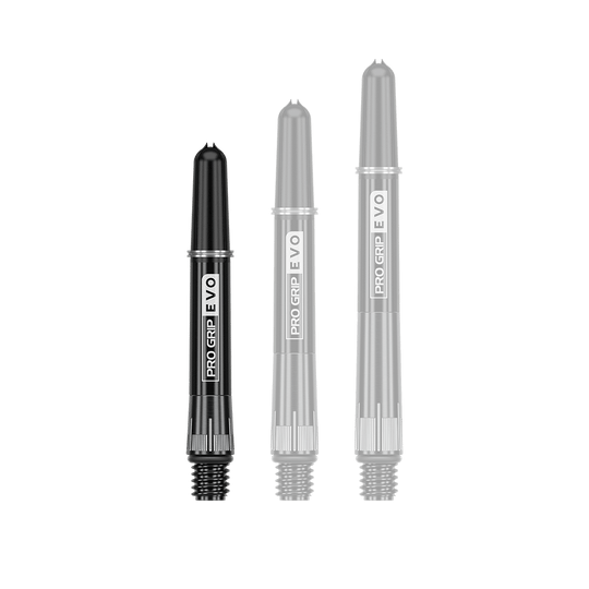Das Bild zeigt drei schwarze Dartschäfte mit der Aufschrift "PRO GRIP EVO". Sie sind in unterschiedlichen Längen dargestellt und haben unten ein Schraubgewinde.