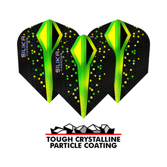 Harrows Silika Colourshift Tough Crystalline Coating Groen No6 Vluchten Auf dem Bild ist ein Set der Harrows Silika Colourshift Tough Crystalline Coating No6 Flights. Die Flights haben ein auffälliges Design.