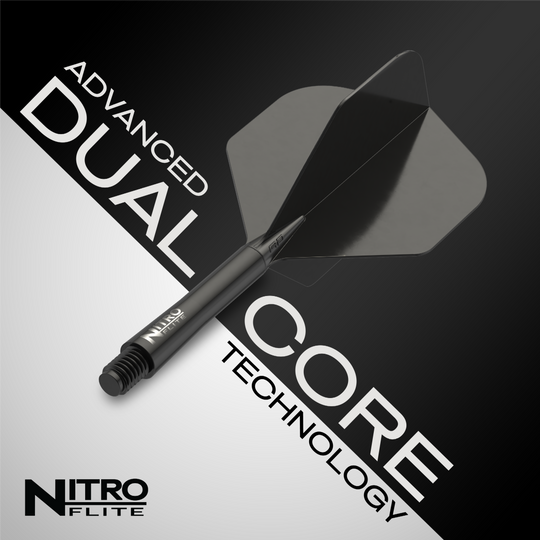 Das Bild zeigt das Produkt "Red Dragon Nitroflite - Black Shaft Black No2 Flights". Es hebt die fortschrittliche Dual-Core-Technologie hervor.
