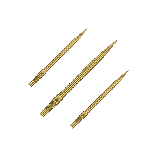 Harrows Quick Point Heavy Metal Dartpunten - Goud Das Bild zeigt ein Set aus goldenen Dartspitzen mit 30mm Länge. Es sind Harrows Quick Point Heavy Metal Grip Dartspitzen Gold 30mm im Set.